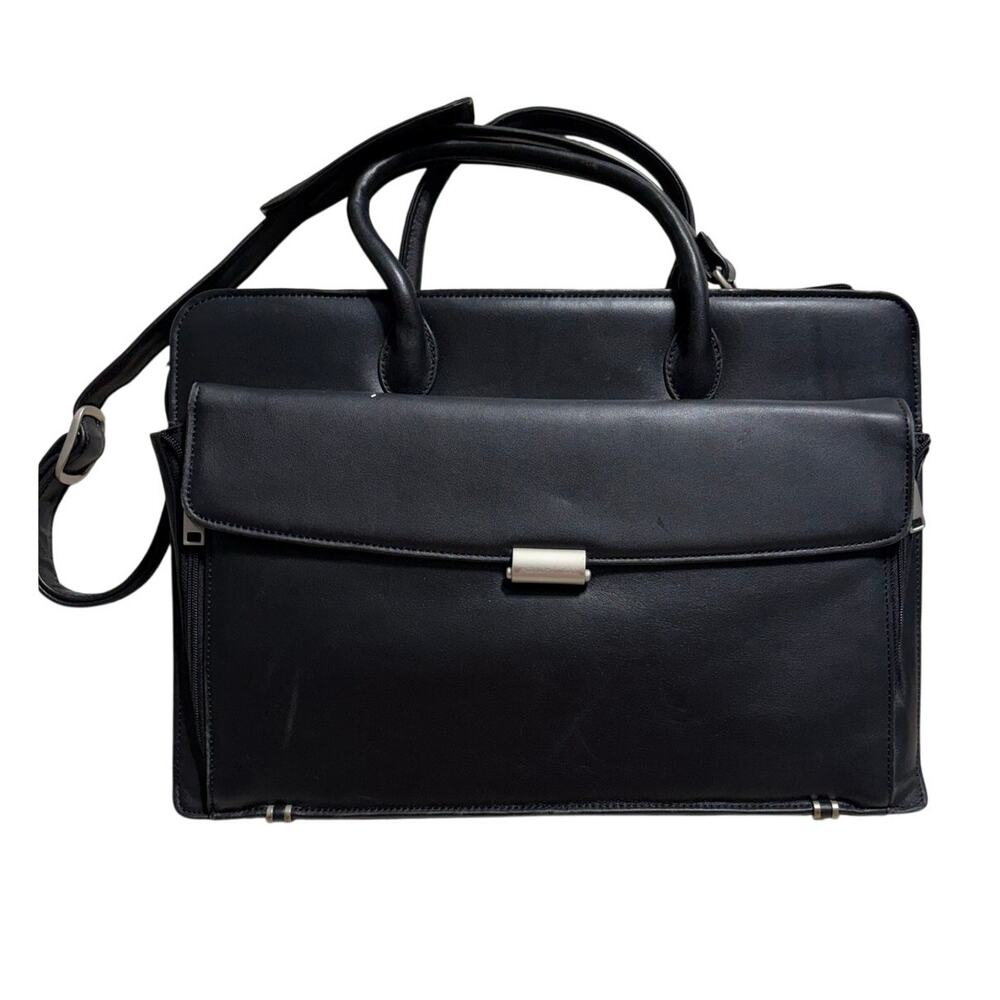 Wilson's Leather Pelle Studio Black Briefcase Crossbody Slip Pocket Silver Clasp